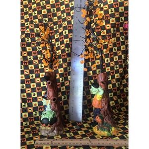 2  Ceramic Halloween Decoration Trees Witch & Frankenstein Orange Pumpkin Strand